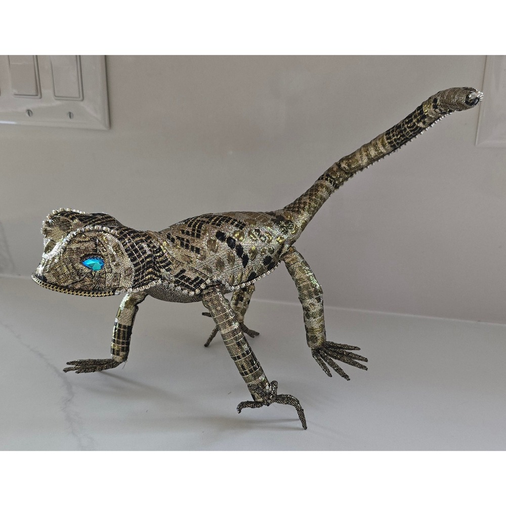 New Metallic Gold Beaded Lizard Sculpture Crystal Eyes Rhinestone Decor